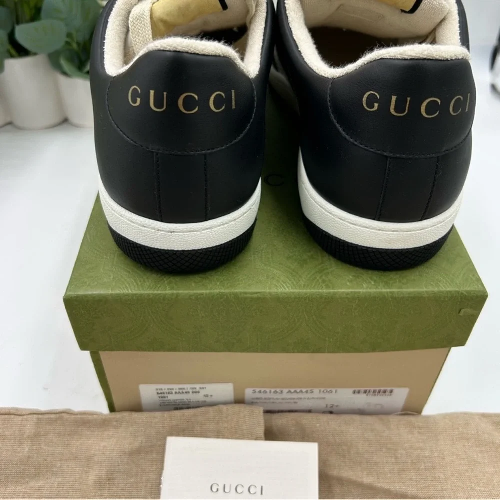 Men’s Gucci, low top screener sneakers, black/white paneled leather design 12.5